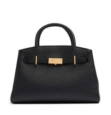 Black Grained Leather Gold Lock Top Handle Tote Bag
