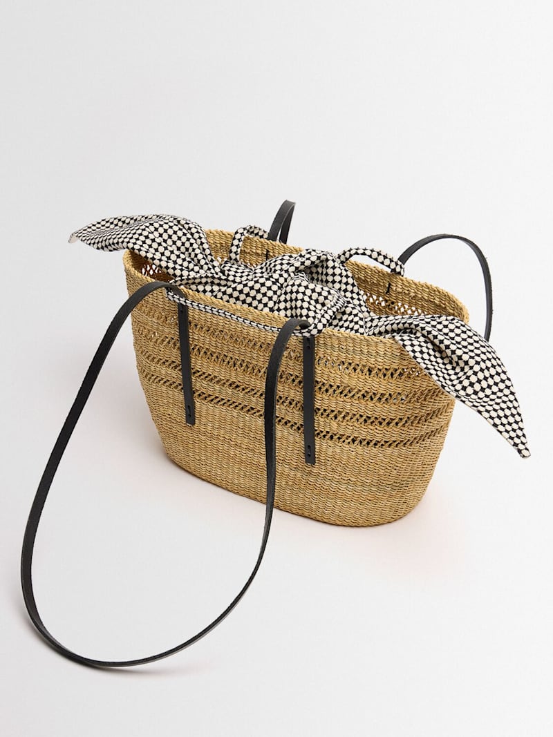 Natural Woven Straw Tote Bag with Black Straps & Printed Inner Pouch