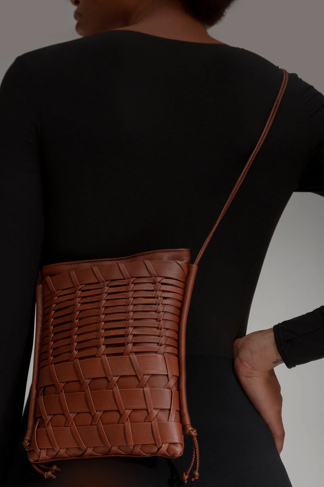 Chestnut Hand Woven Leather Magnetic Crossbody Pouch