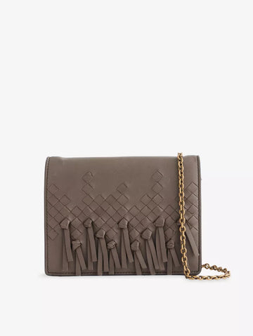 Taupe Woven Fringe Flap Vintage Chain Crossbody Bag