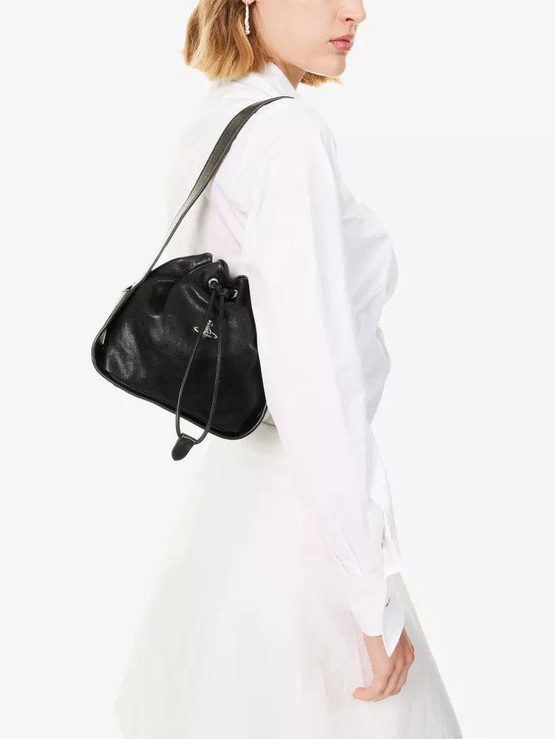 Black Soft Drawstring Logo Mini Bucket Shoulder Bag