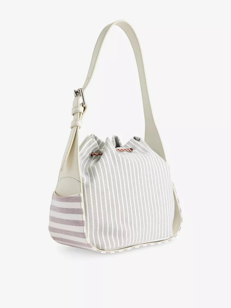 Striped Canvas Drawstring Mini Bucket Shoulder Bag