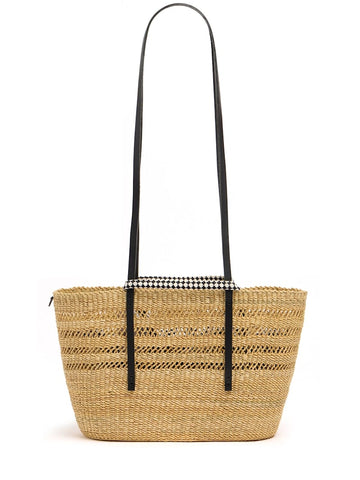 Natural Woven Straw Tote Bag with Black Straps & Printed Inner Pouch